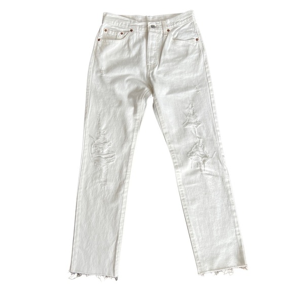 Levi’s High Rise Distressed White Denim Raw Hem Straight Leg Jeans - Picture 1 of 8